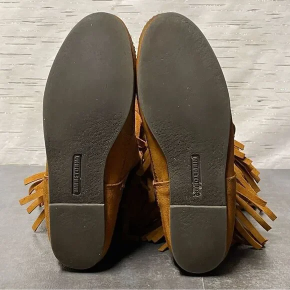 Minnetonka Women’s 3-Layer Fringe Brown Suede Leather Boots Size 8 - Picture 13 of 16